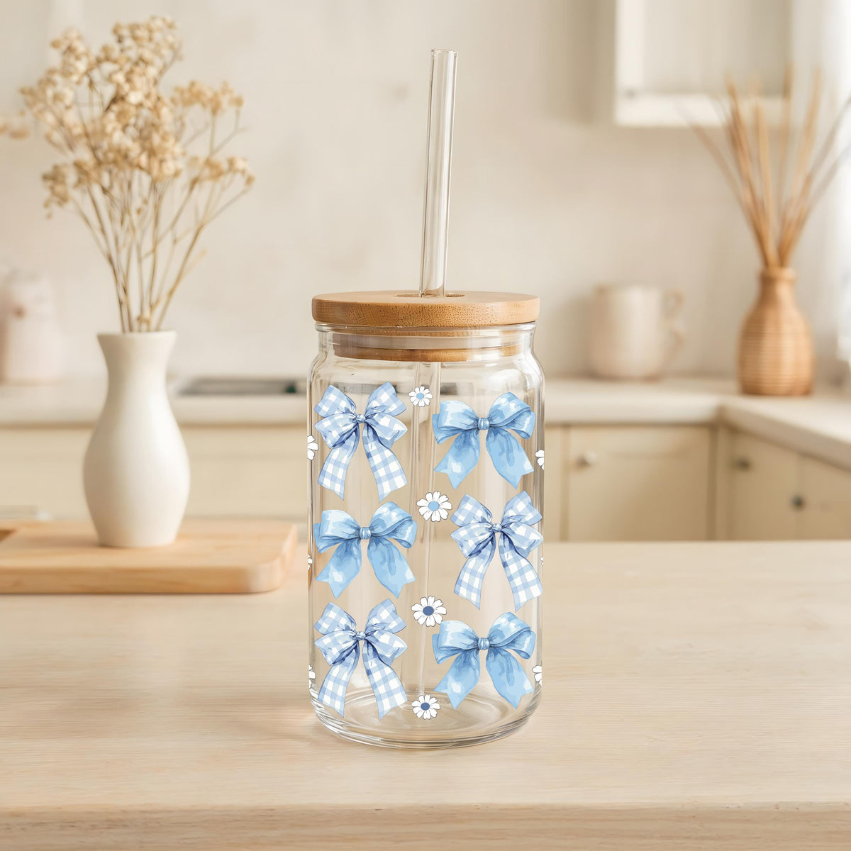 Blue Bows Pattern Can Glass Tumbler, Gingham Design Coquettes And Daisy Print Iced Coffee Cup