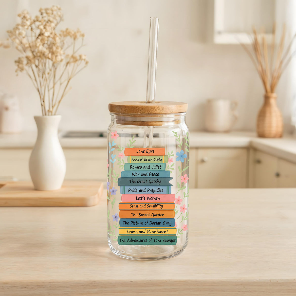 Classic Books Stack Design Can Glass Tumbler, Floral Book Lover Gift Cup