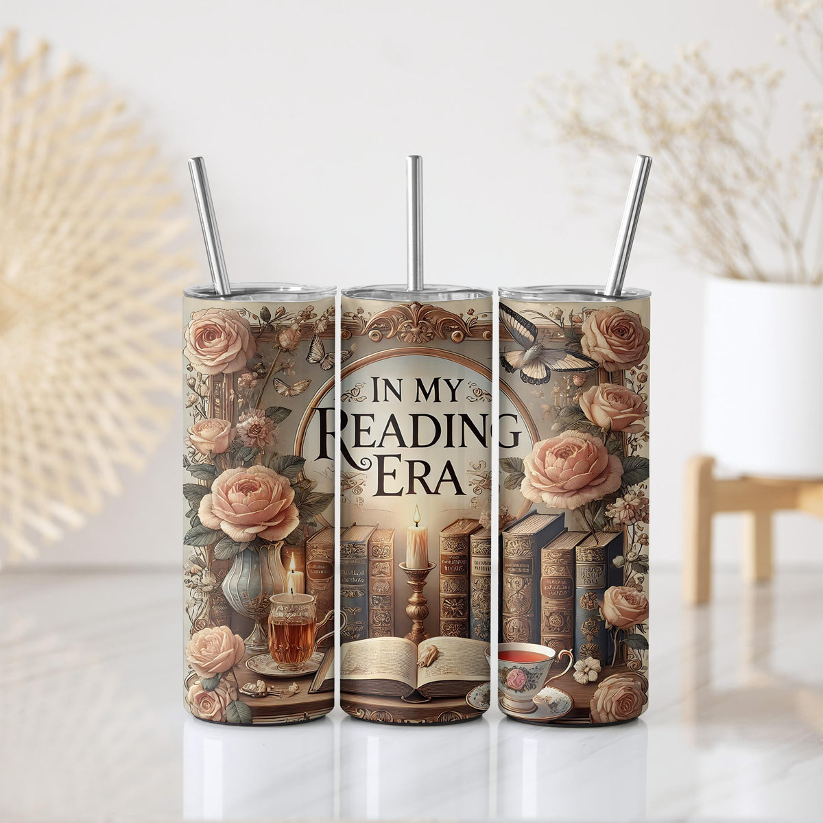 Rustic Theme In My Reading Era Insulated Tumbler, Vintage Library Design Steel Water Bottle