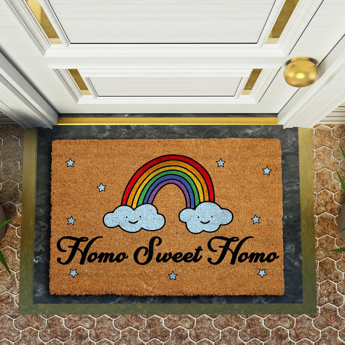 Homo Sweet Doormat, LGBTQ Welcome Mat, Rainbow Porch Coir Rug, Pride Month Decor