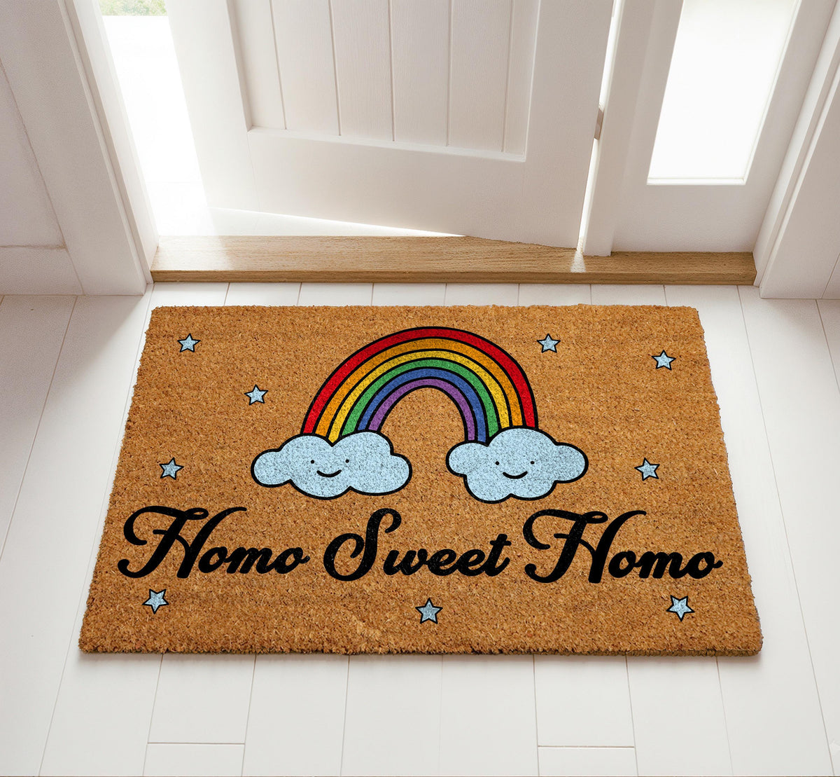 Homo Sweet Doormat, LGBTQ Welcome Mat, Rainbow Porch Coir Rug, Pride Month Decor