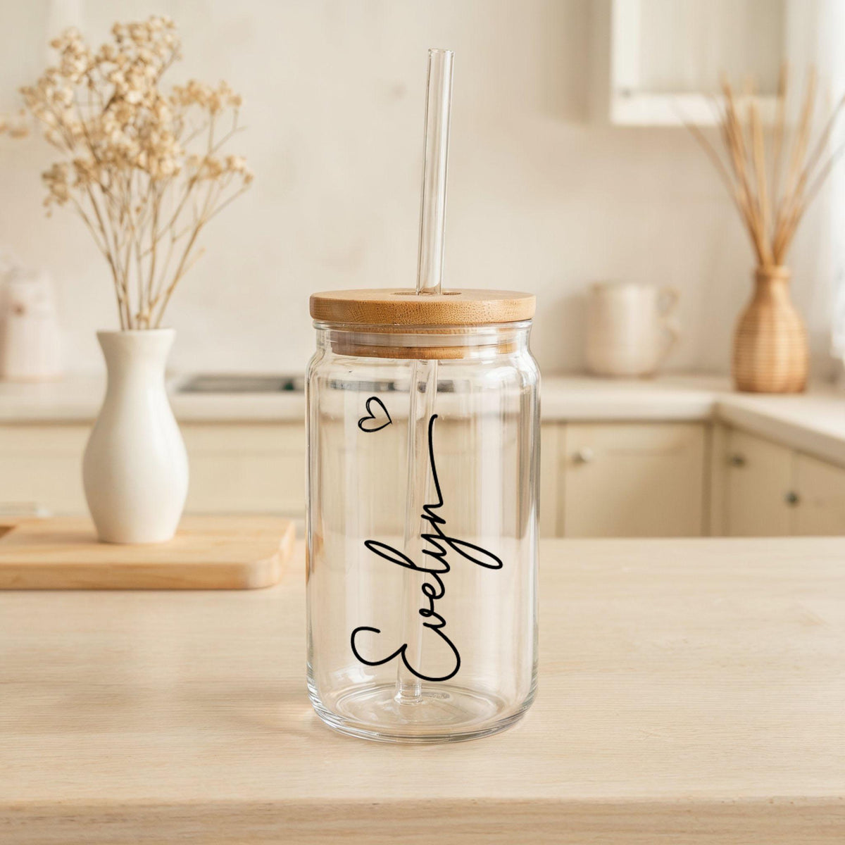 Custom Name With Small Heart Can Glass Tumbler, Personalized Iced Coffee Cup