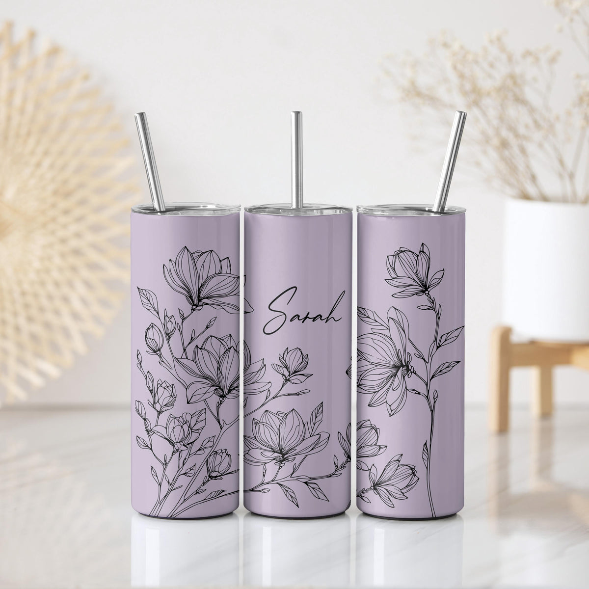 Custom Name Floral Stainless Steel Tumbler, Elegant Women Tumbler With Straw