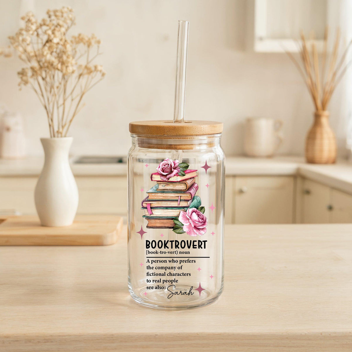 Customizable Booktrovert Glass Cup, Floral Book Worm Iced Coffee Cup