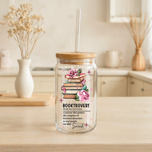 Customizable Booktrovert Glass Cup, Floral Book Worm Iced Coffee Cup
