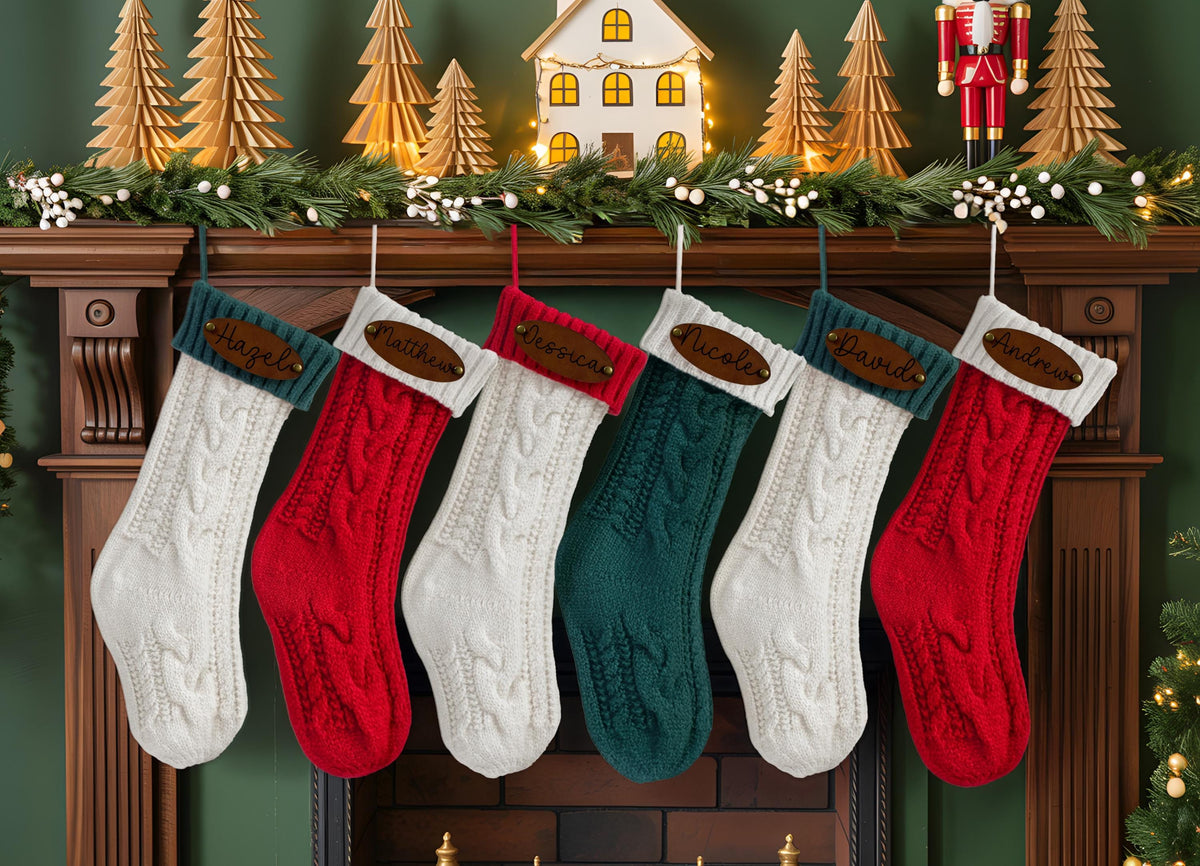 Personalized Engraved Leather Patch Christmas Stocking, Custom Name Knit Family Stocking