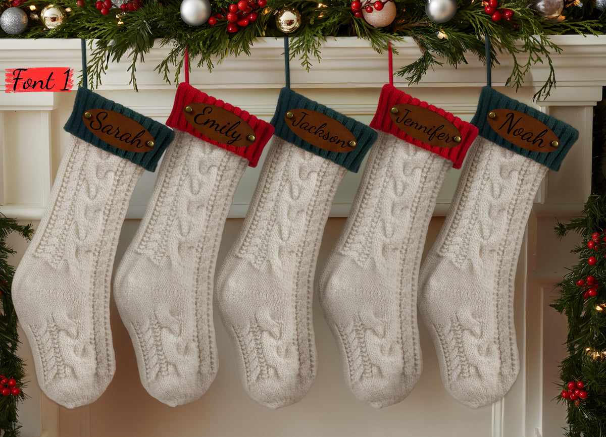 Custom Engraved Leather Patch Christmas Stockings, Personalized Family Holiday Decor