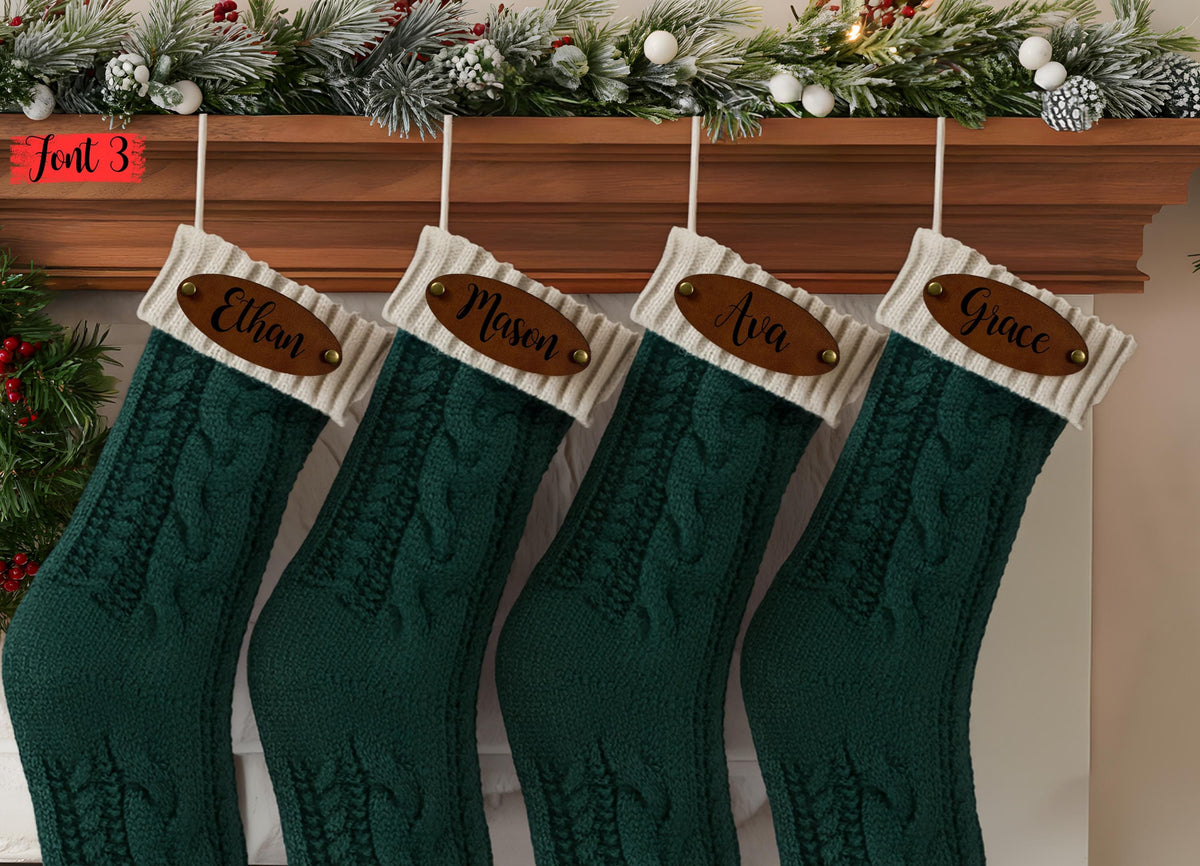 Custom Engraved Leather Patch Christmas Stockings, Personalized Family Holiday Decor