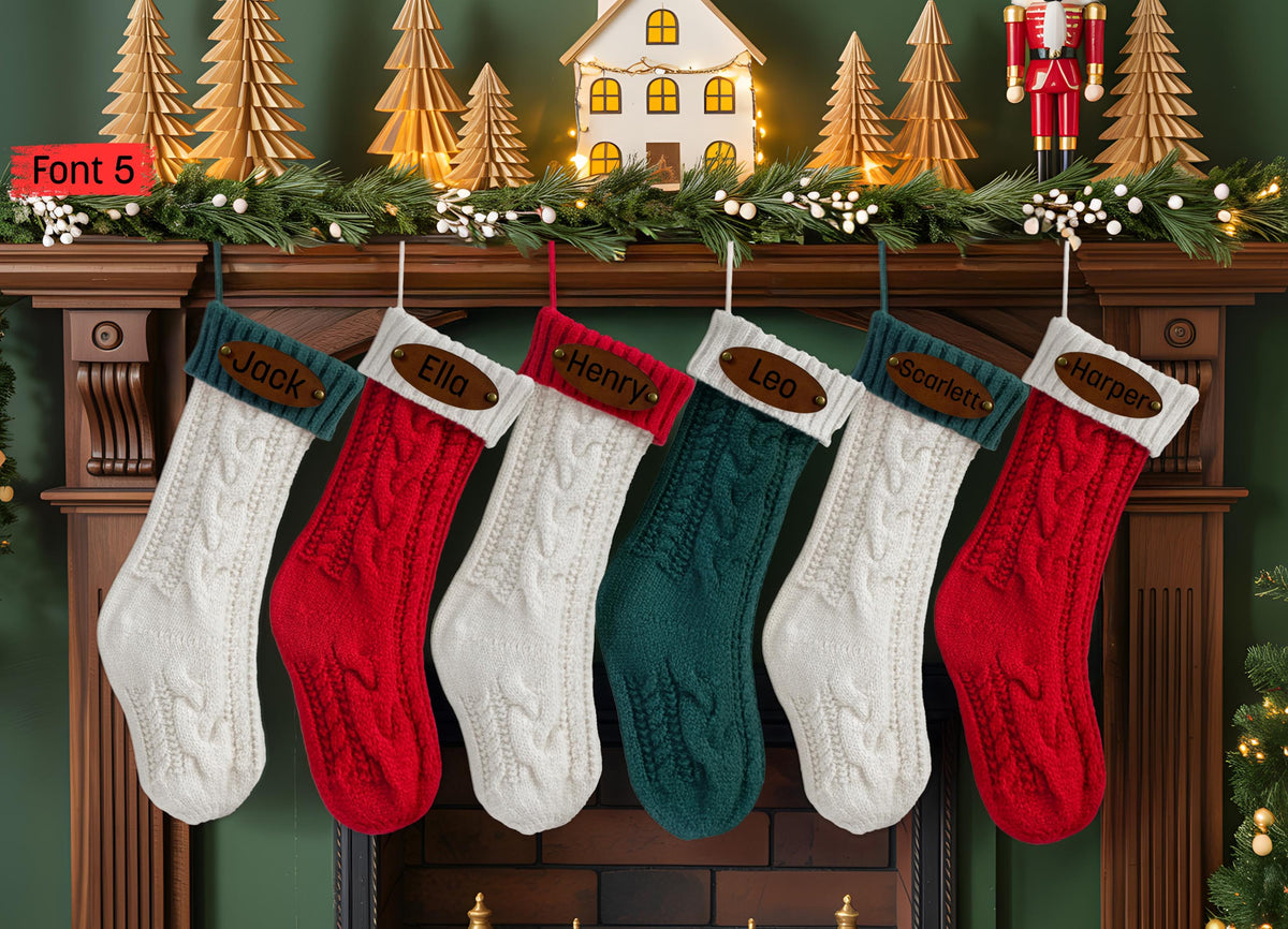 Custom Engraved Leather Patch Christmas Stockings, Personalized Family Holiday Decor