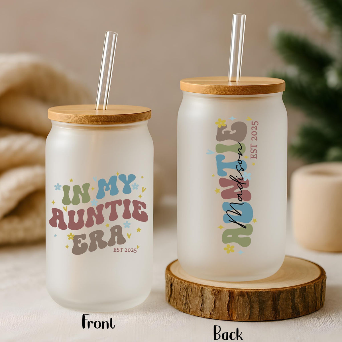 Custom Name In My Auntie Era Can Glass Tumbler, Family Pregnancy Reveal Gifts
