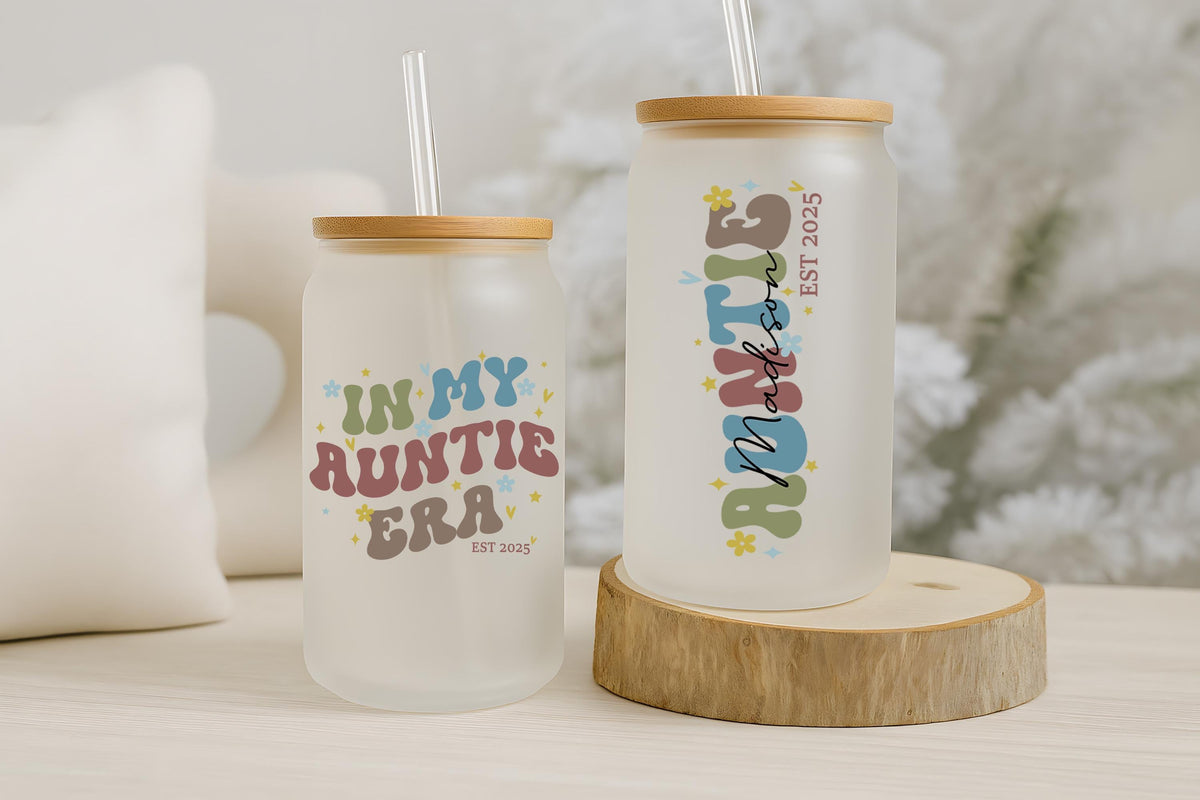 Custom Name In My Auntie Era Can Glass Tumbler, Family Pregnancy Reveal Gifts