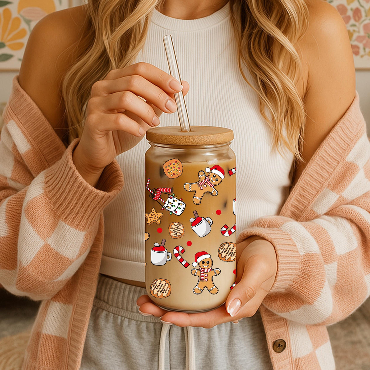 Gingerbread Man Pattern Can Glass Tumbler, Cute Christmas Party Cups, Xmas Holiday Hostess Gift