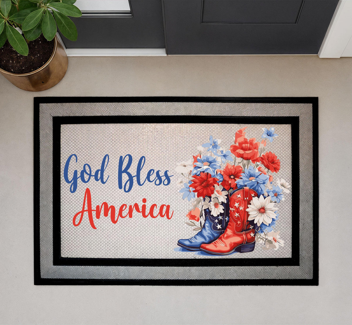 God Bless America Doormat, Patriotic Cowboy Boots Welcome Mat, 4th of July Door Mat