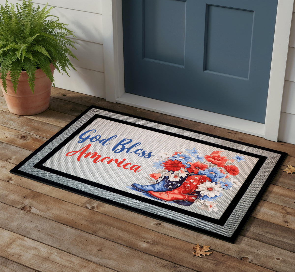 God Bless America Doormat, Patriotic Cowboy Boots Welcome Mat, 4th of July Door Mat