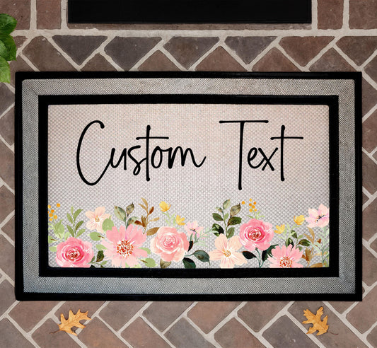 Custom Text Floral Doormat, Personalized Welcome Mat, Boho Roses Front Porch Decor