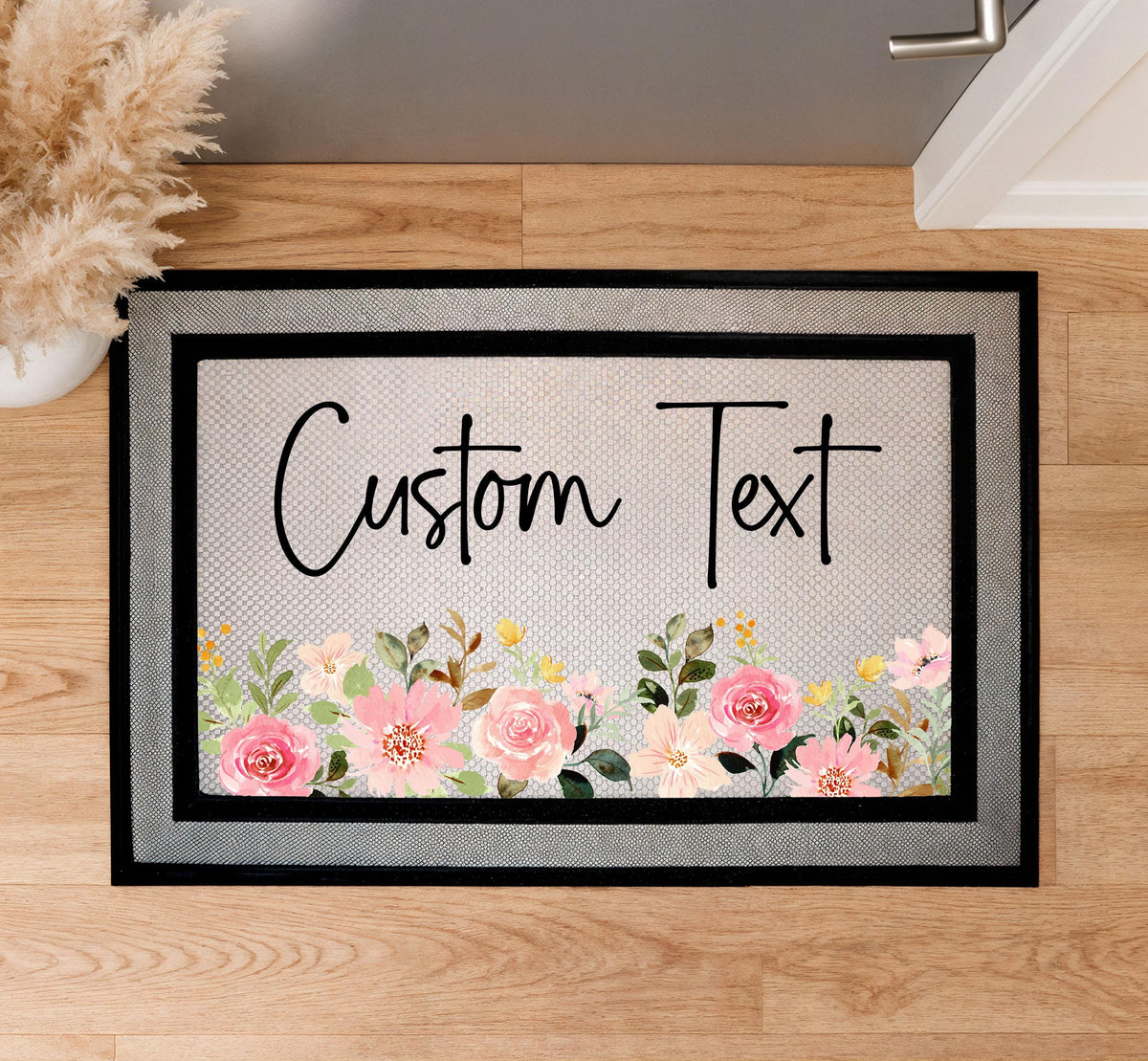 Custom Text Floral Doormat, Personalized Welcome Mat, Boho Roses Front Porch Decor