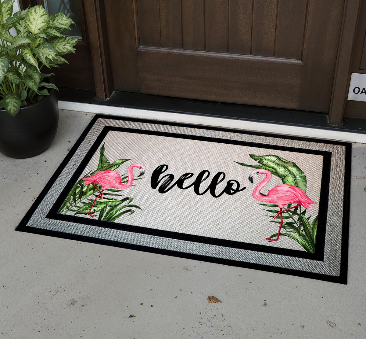 Pink Flamingo Doormat, Summer Front Porch Decor, Tropical Leaves Welcome Mat