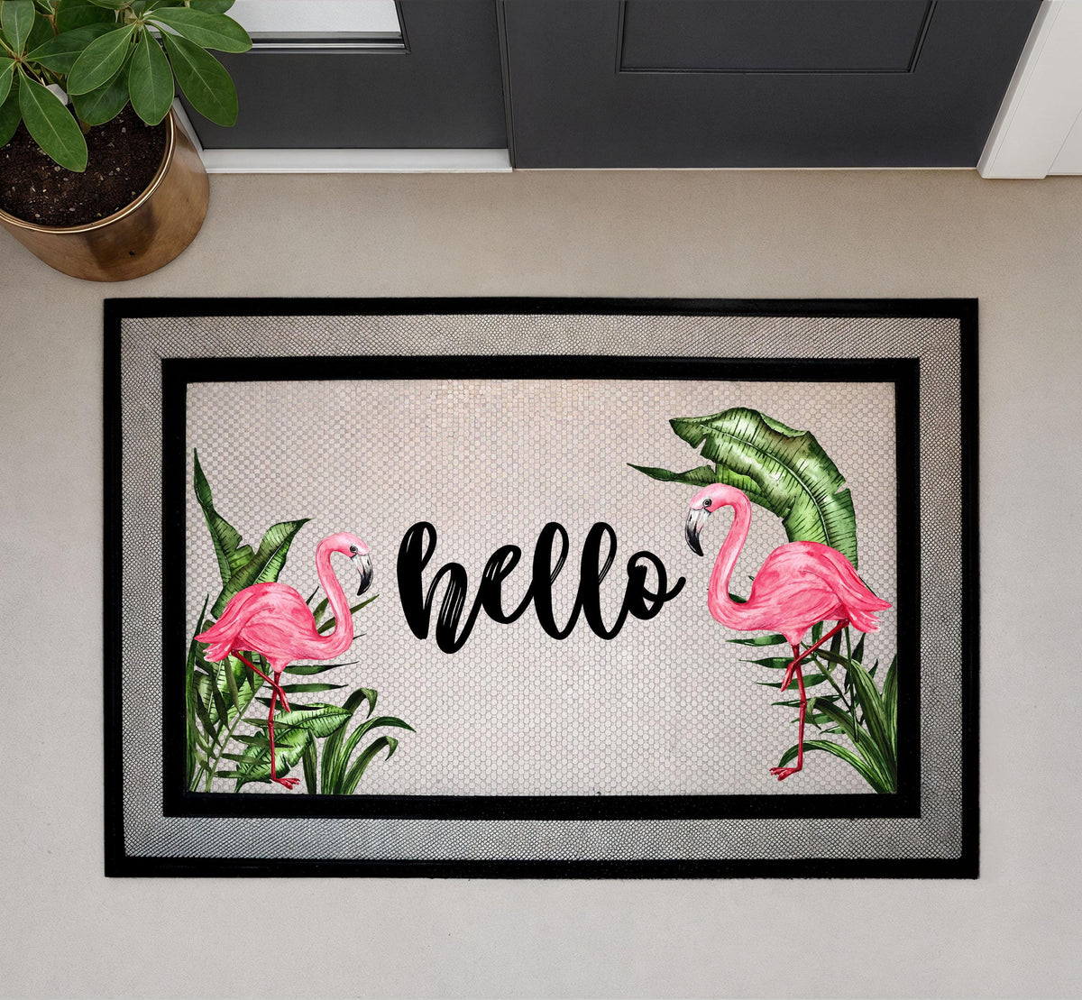 Pink Flamingo Doormat, Summer Front Porch Decor, Tropical Leaves Welcome Mat