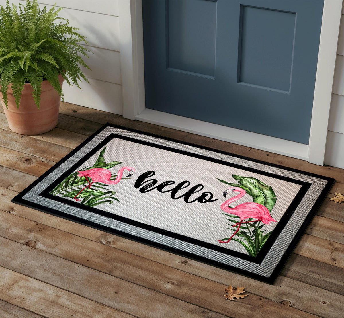 Pink Flamingo Doormat, Summer Front Porch Decor, Tropical Leaves Welcome Mat