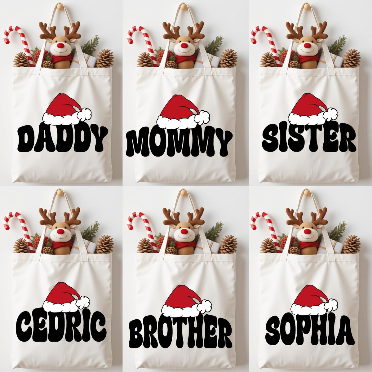 Custom Matching Family Christmas Tote Bag, Family Xmas Canvas Bag, Santa Hat Xmas Bag, Custom Name Christmas Crew Totes, Christmas Gift