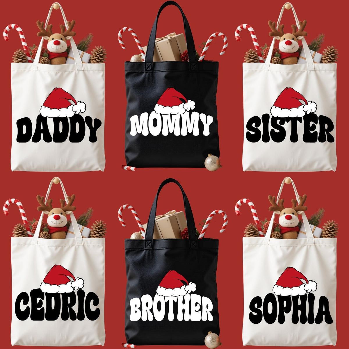 Custom Matching Family Christmas Tote Bag, Family Xmas Canvas Bag, Santa Hat Xmas Bag, Custom Name Christmas Crew Totes, Christmas Gift