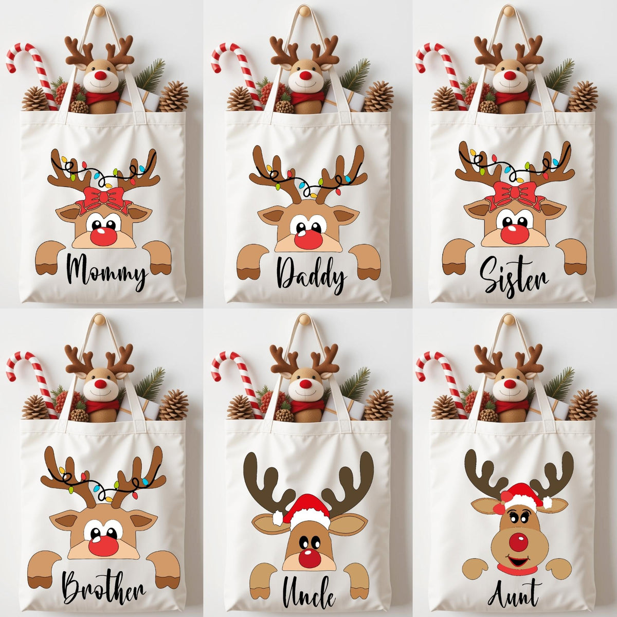 Reindeer Family Christmas Tote Bag, Personalized Christmas Canvas Bag, Custom Christmas Bag, Matching Xmas Party Tote Bags, Christmas Gift