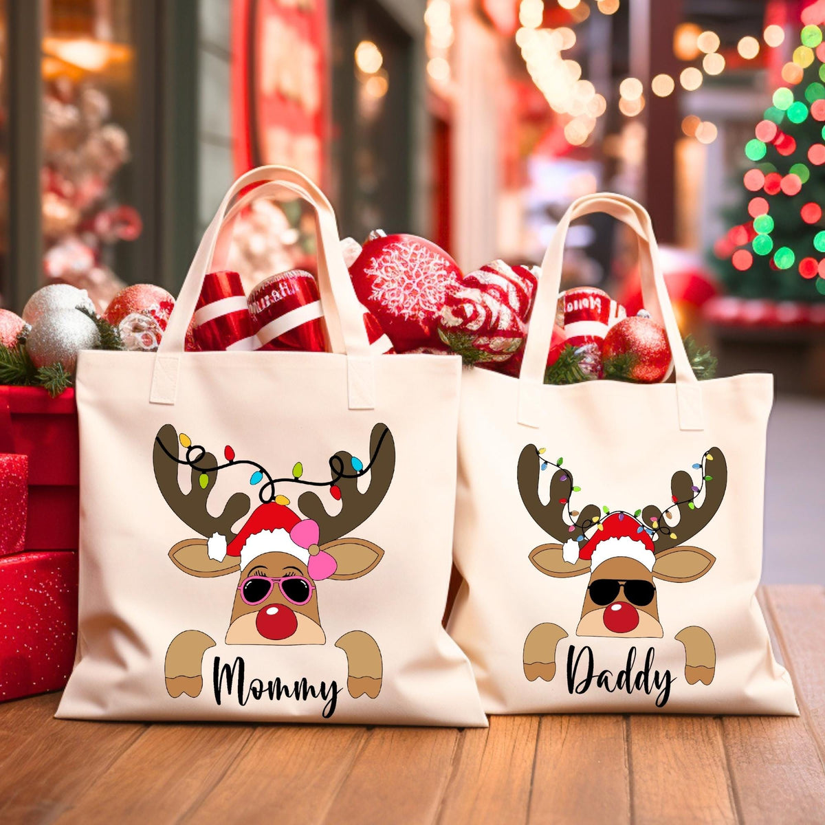 Reindeer Family Christmas Tote Bag, Personalized Christmas Canvas Bag, Custom Christmas Bag, Matching Xmas Party Tote Bags, Christmas Gift