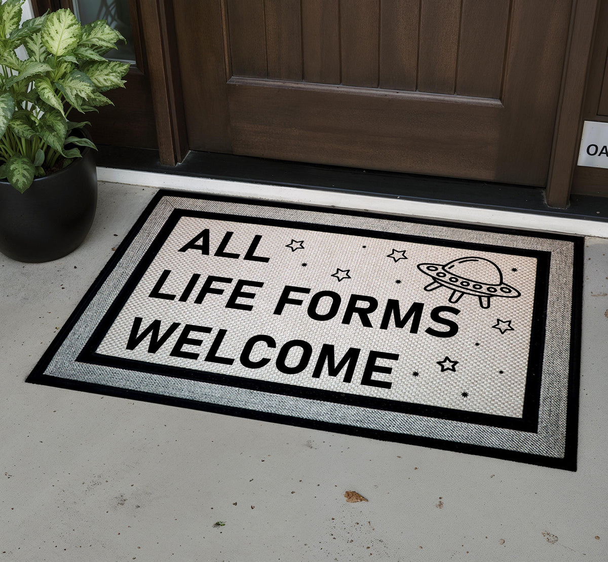 All Life Forms Welcome Doormat, Funny Alien Mat, Humorous UFO Outer Decor