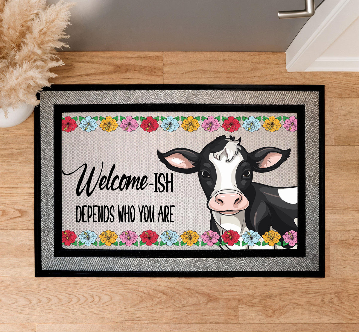 Retro Welcome-Ish Cow Doormat, Funny Entryway Rug, Sublimation Sarcastic Welcome Mat
