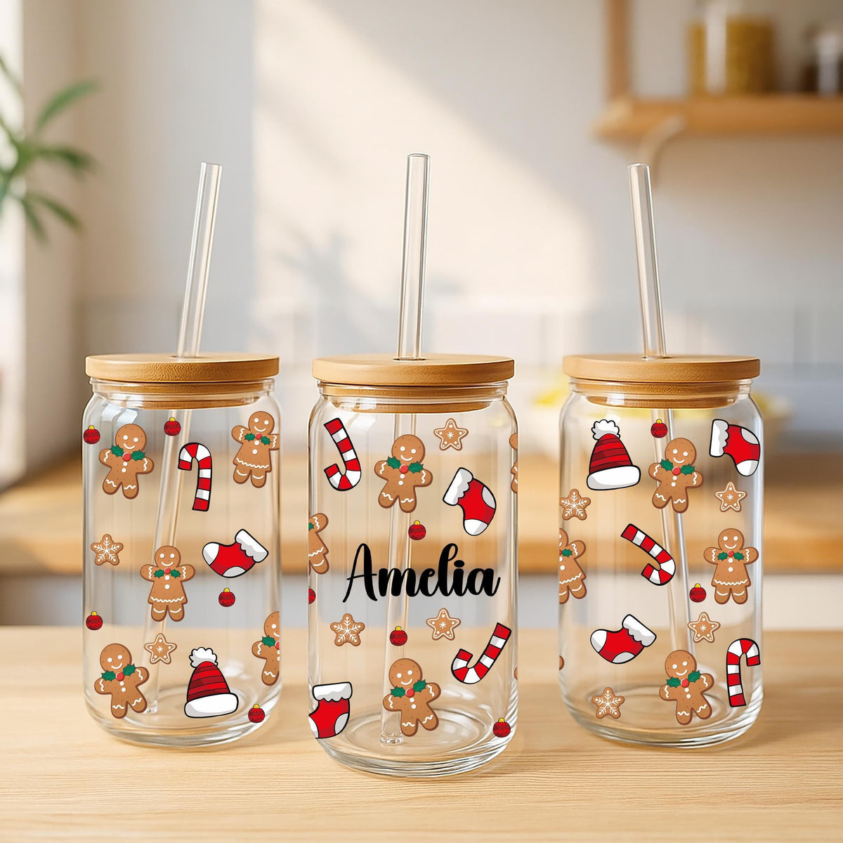 Customizable Gingerbread Men & Candy Can Design Cup, Cute Kids Christmas Can Glass Tumbler