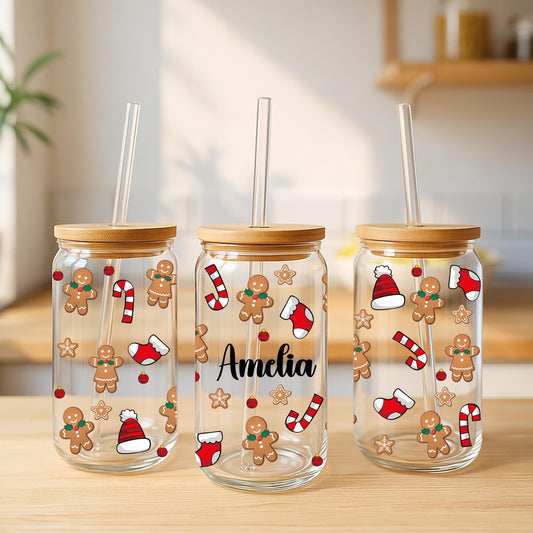 Customizable Gingerbread Men & Candy Can Design Cup, Cute Kids Christmas Can Glass Tumbler