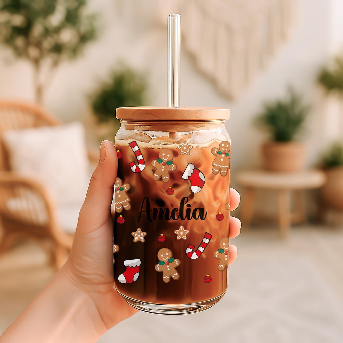 Customizable Gingerbread Men & Candy Can Design Cup, Cute Kids Christmas Can Glass Tumbler