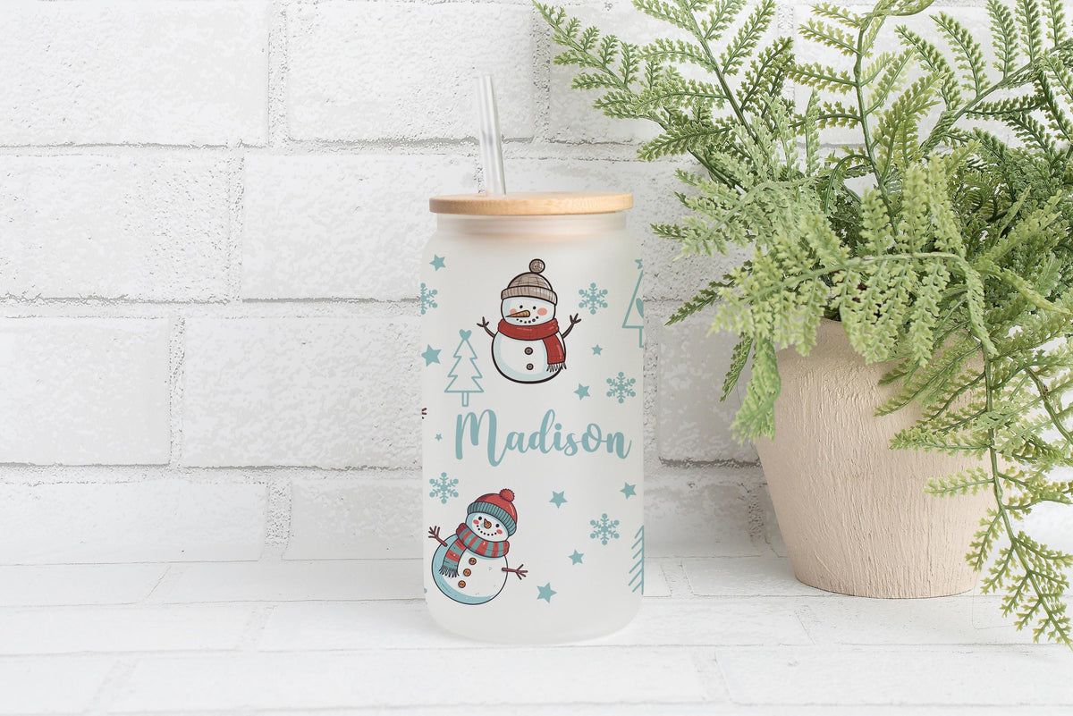 Custom Name Snowmen & Snowflake Pattern Can Glass Tumbler, Stocking Stuffer Gift For Kids