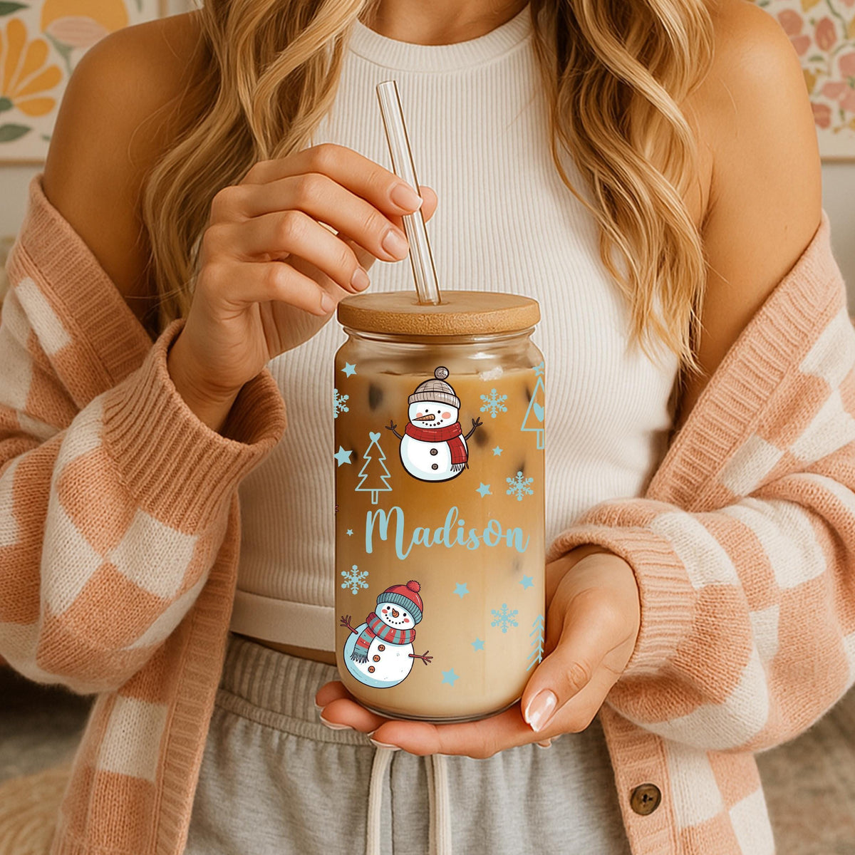 Custom Name Snowmen & Snowflake Pattern Can Glass Tumbler, Stocking Stuffer Gift For Kids