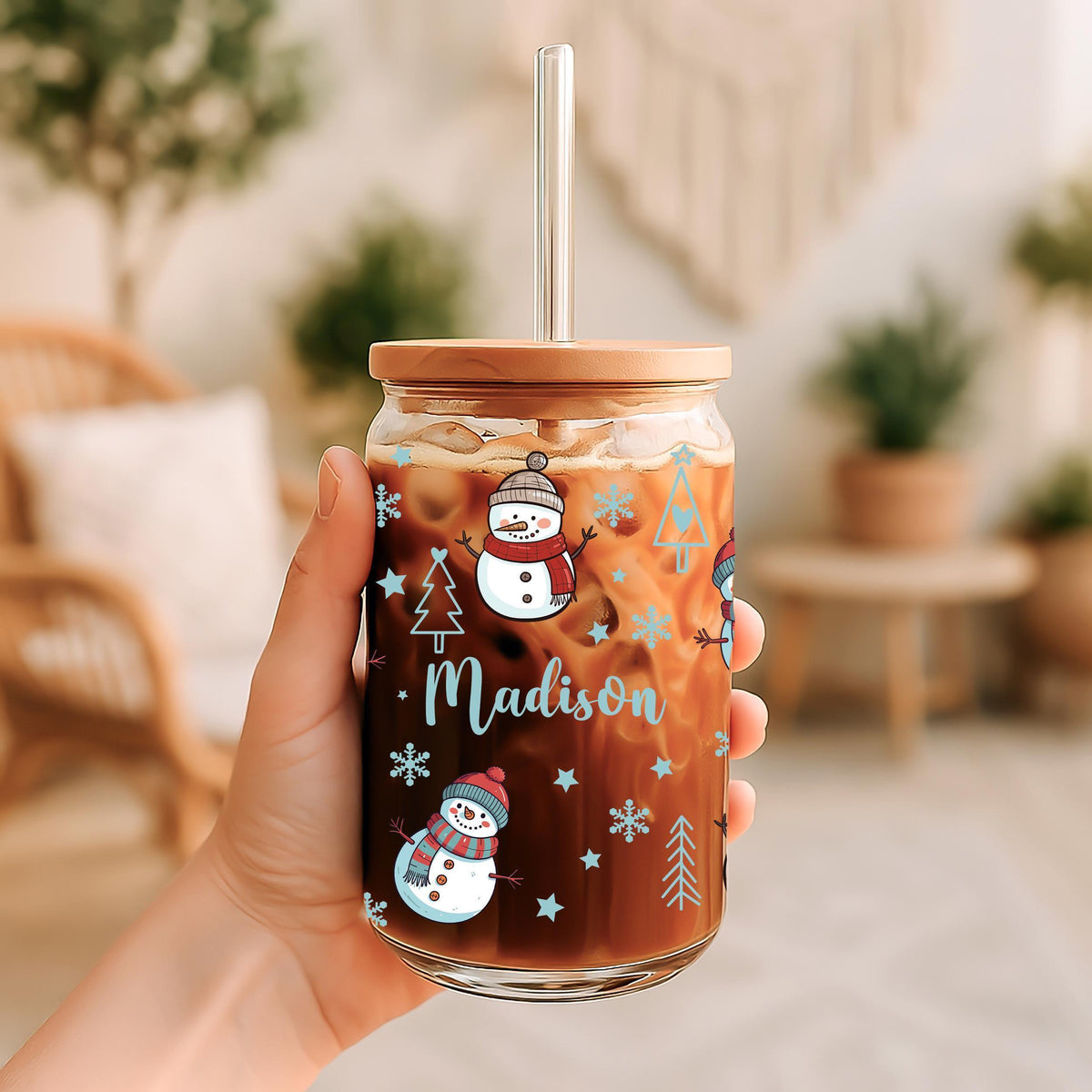 Custom Name Snowmen & Snowflake Pattern Can Glass Tumbler, Stocking Stuffer Gift For Kids