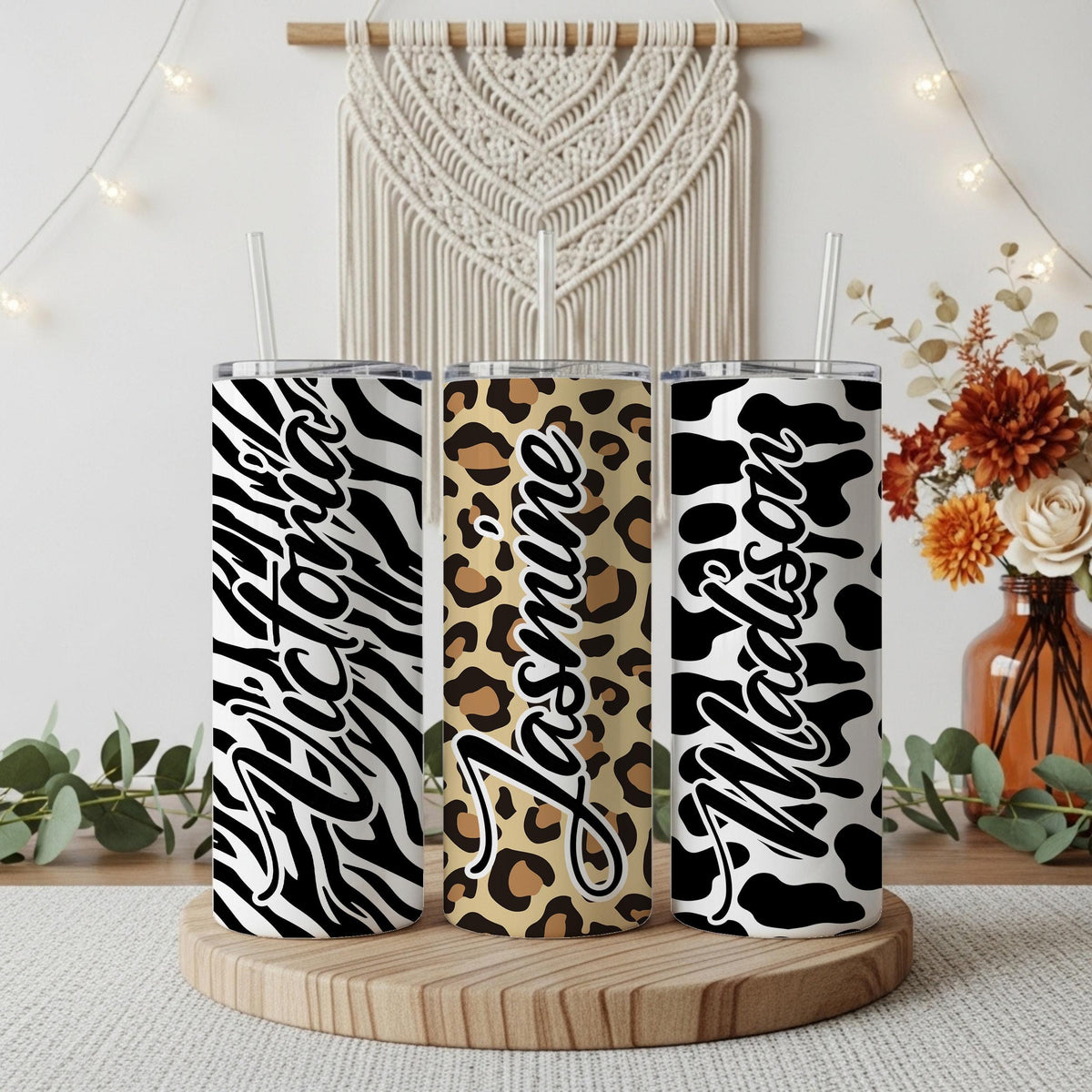 Personalized Animal Print Tumbler With Straw, Fashionable Birthday Gift For Women