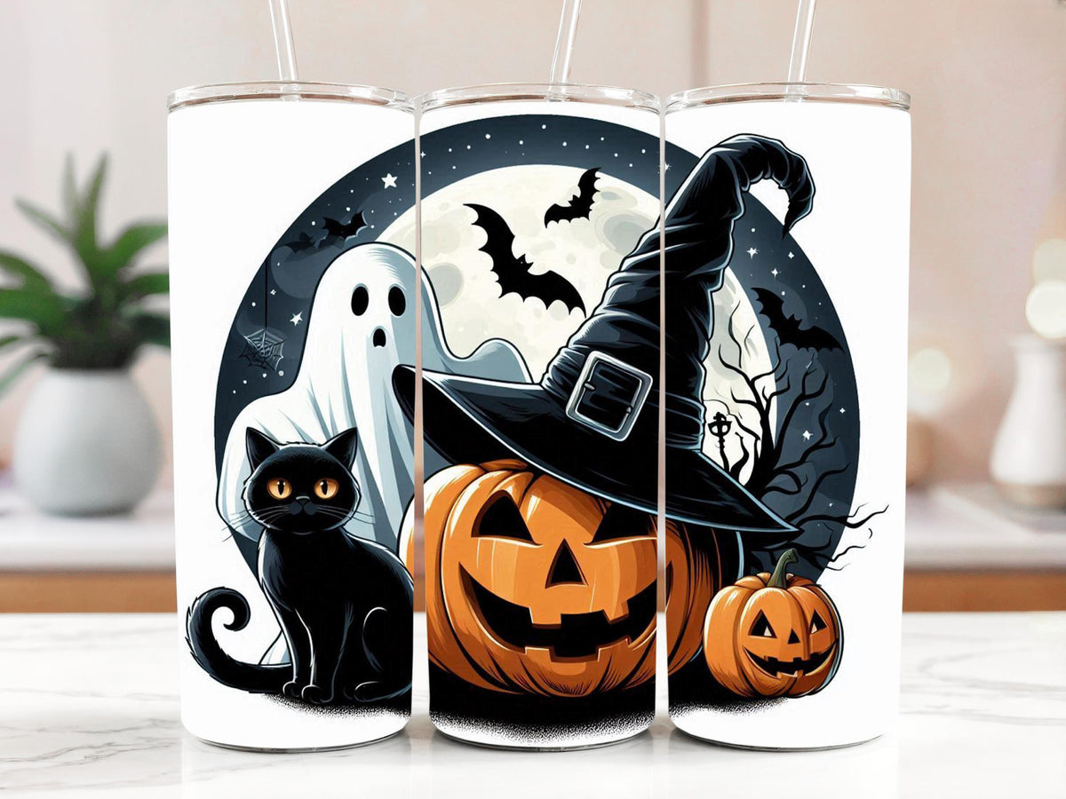 Halloween Tumbler with Ghost Black Cat and Pumpkin
