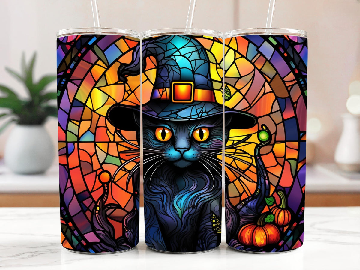 Black Cat Wearing Witch Hat Tumbler With Straw