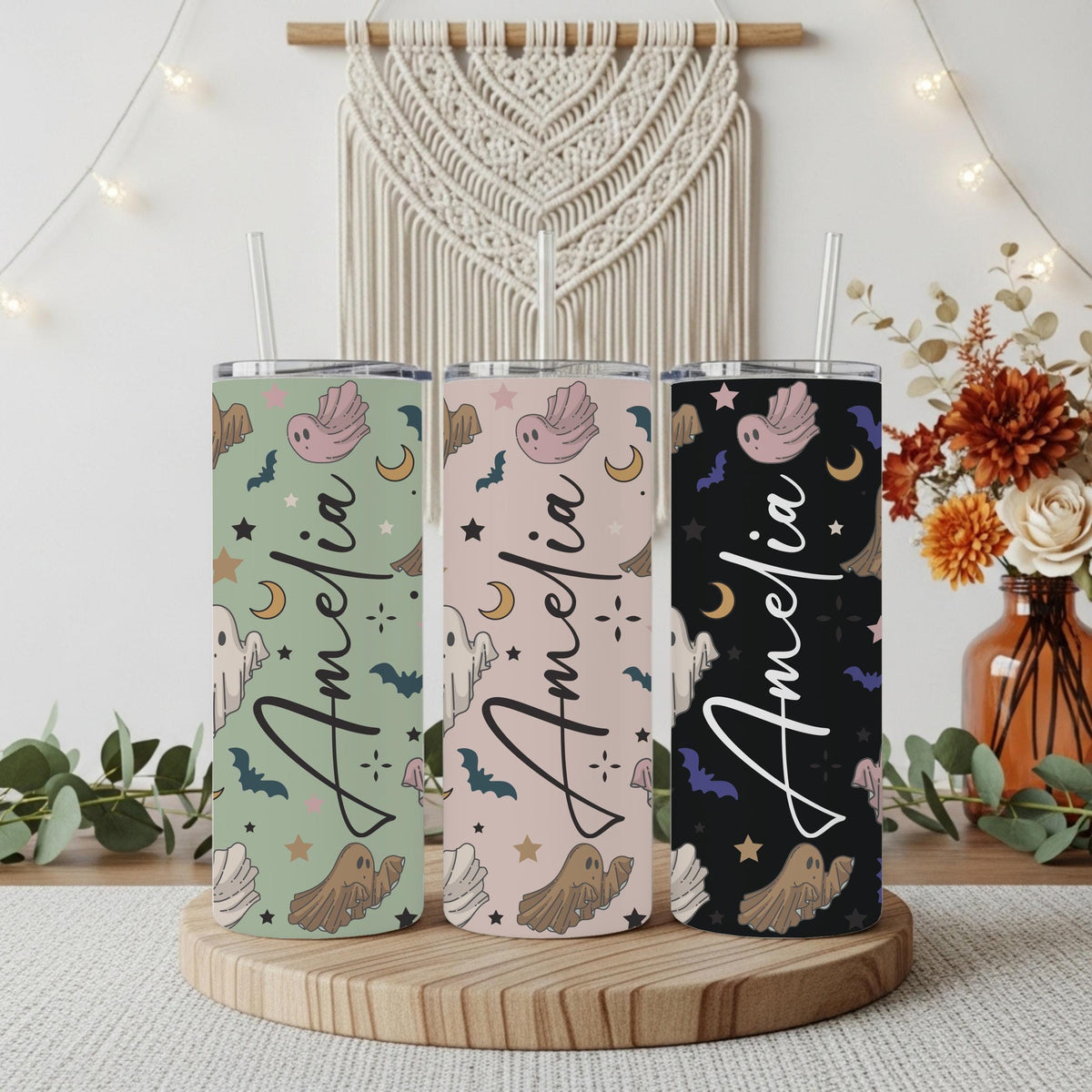Personalized Ghost Pattern Tumbler With Straw, Happy Halloween Gifts