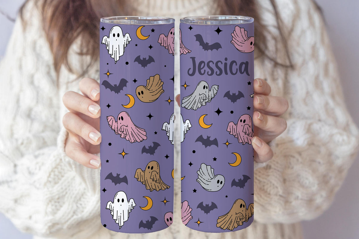 Customizable Colorful Ghost And Bats Pattern Tumbler With Straw