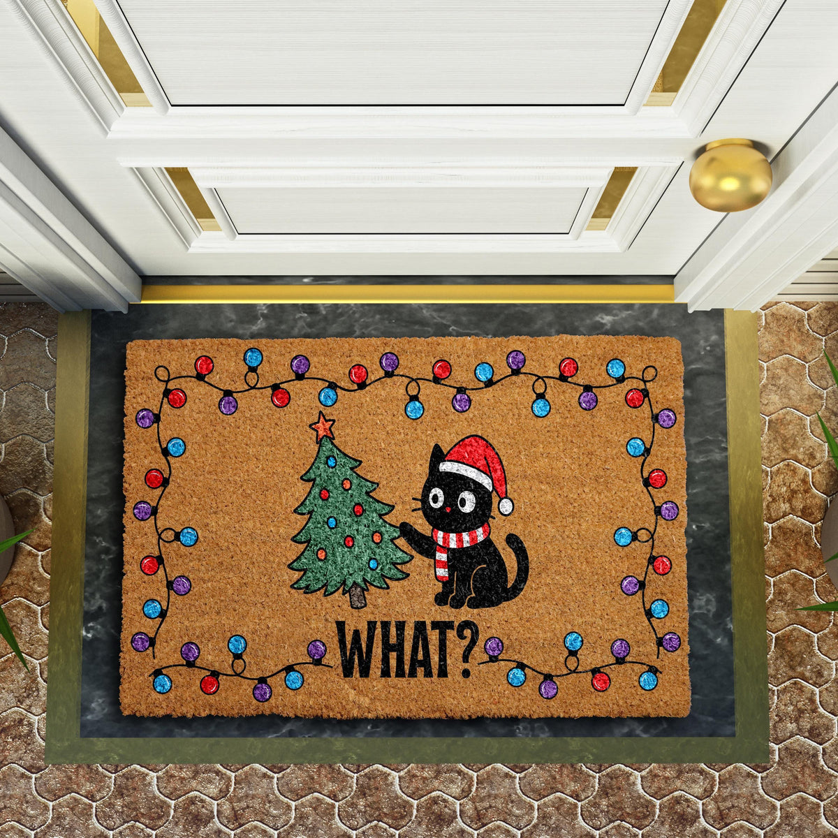 Funny Black Cat Christmas Doormat, Xmas Tree Welcome Mat, Holiday Lights Home Decor