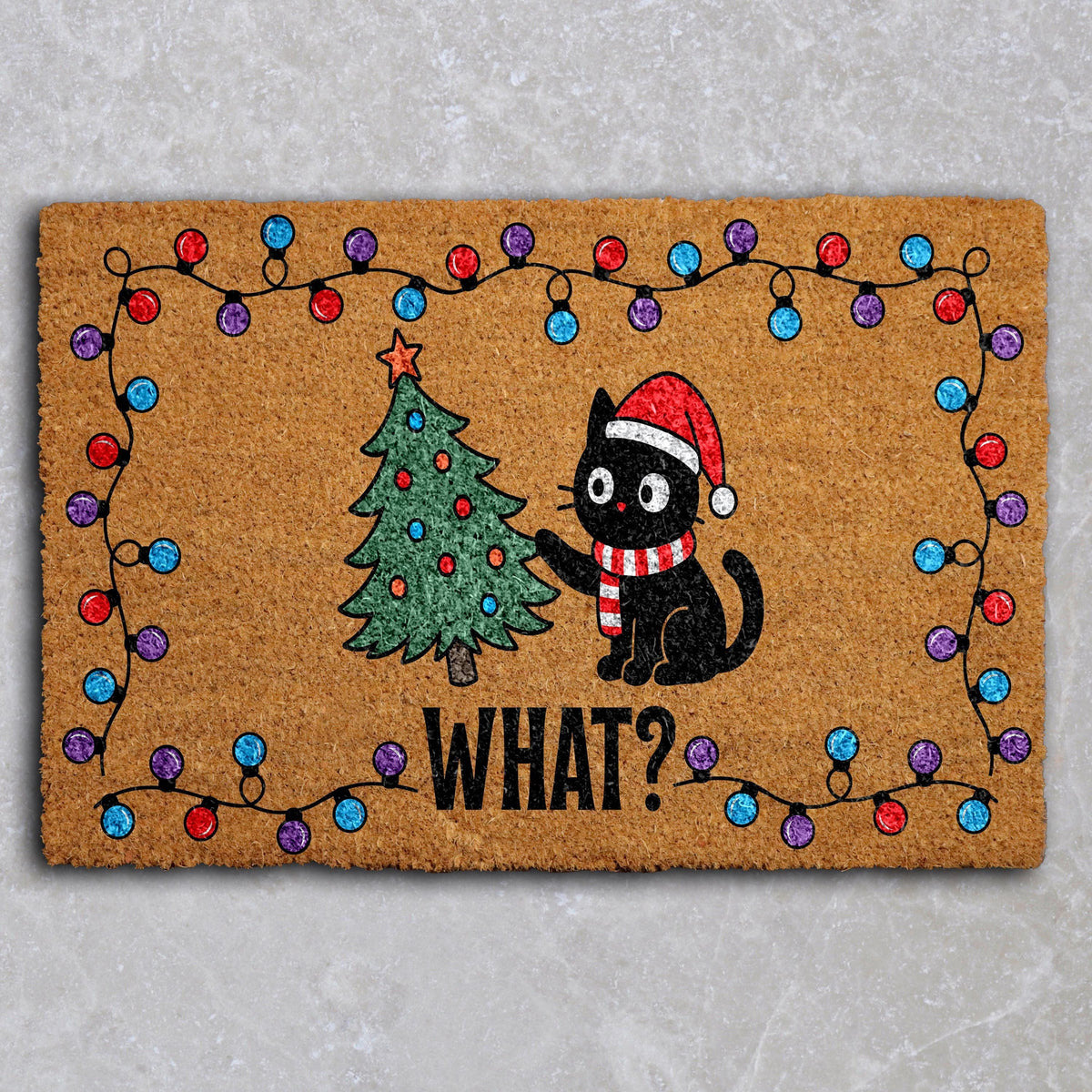 Funny Black Cat Christmas Doormat, Xmas Tree Welcome Mat, Holiday Lights Home Decor