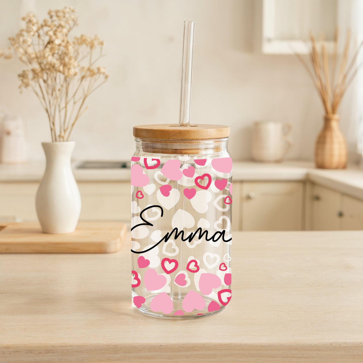 Personalized Small Hearts Pattern Glass Cup, Pink Hearts Can Glass Tumbler