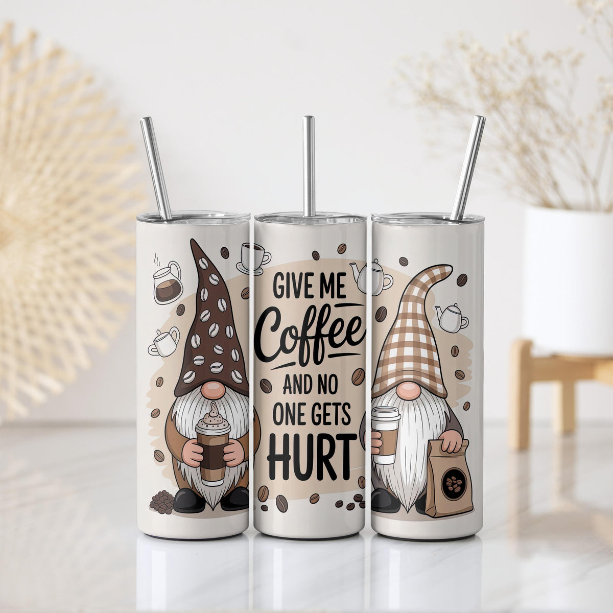 Give Me Coffee And No One Gets Hurt Tumbler With Straw, Whimsical Gnome Insulated Tumbler