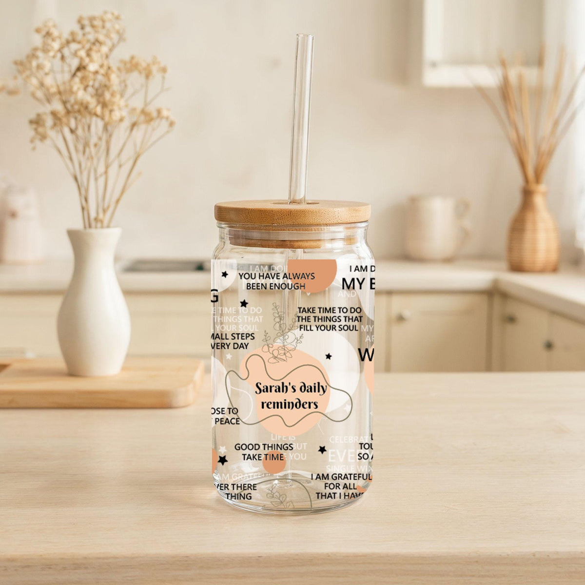 Custom Name Daily Reminder Can Glass Tumbler, Self Motivation Quotes Bamboo Lid & Straw Tumbler