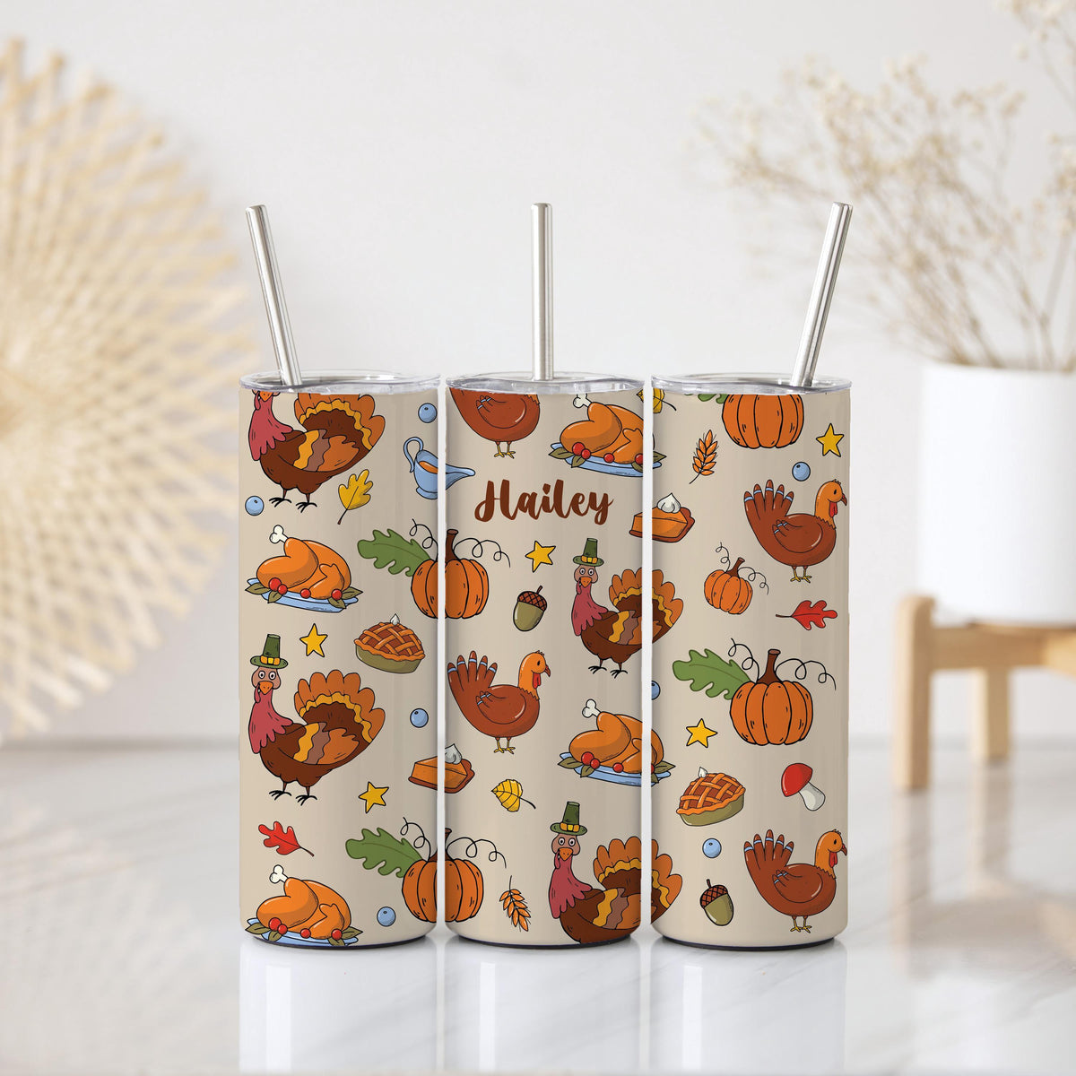 Custom Name Thanksgiving Theme Tumbler With Straw, Turkey & Pumpkin Design Stainless Steel Cup
