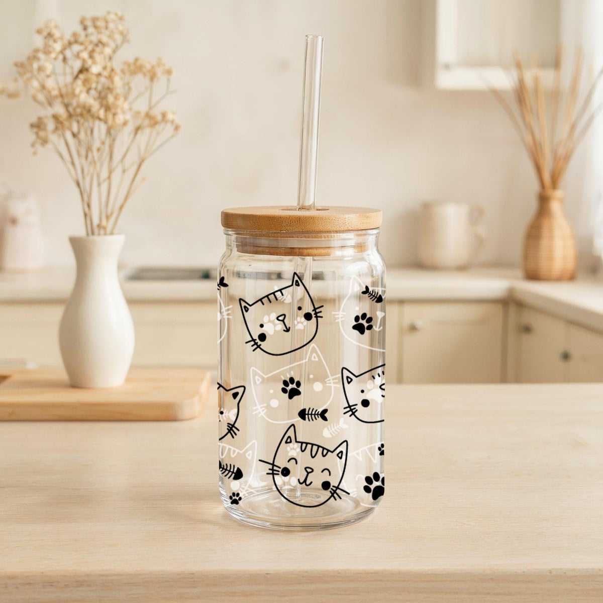 Cute Cat Faces With Paw Marks And Fish Bones Glass Cup, Cat Lovers Gift Can Glass Tumbler