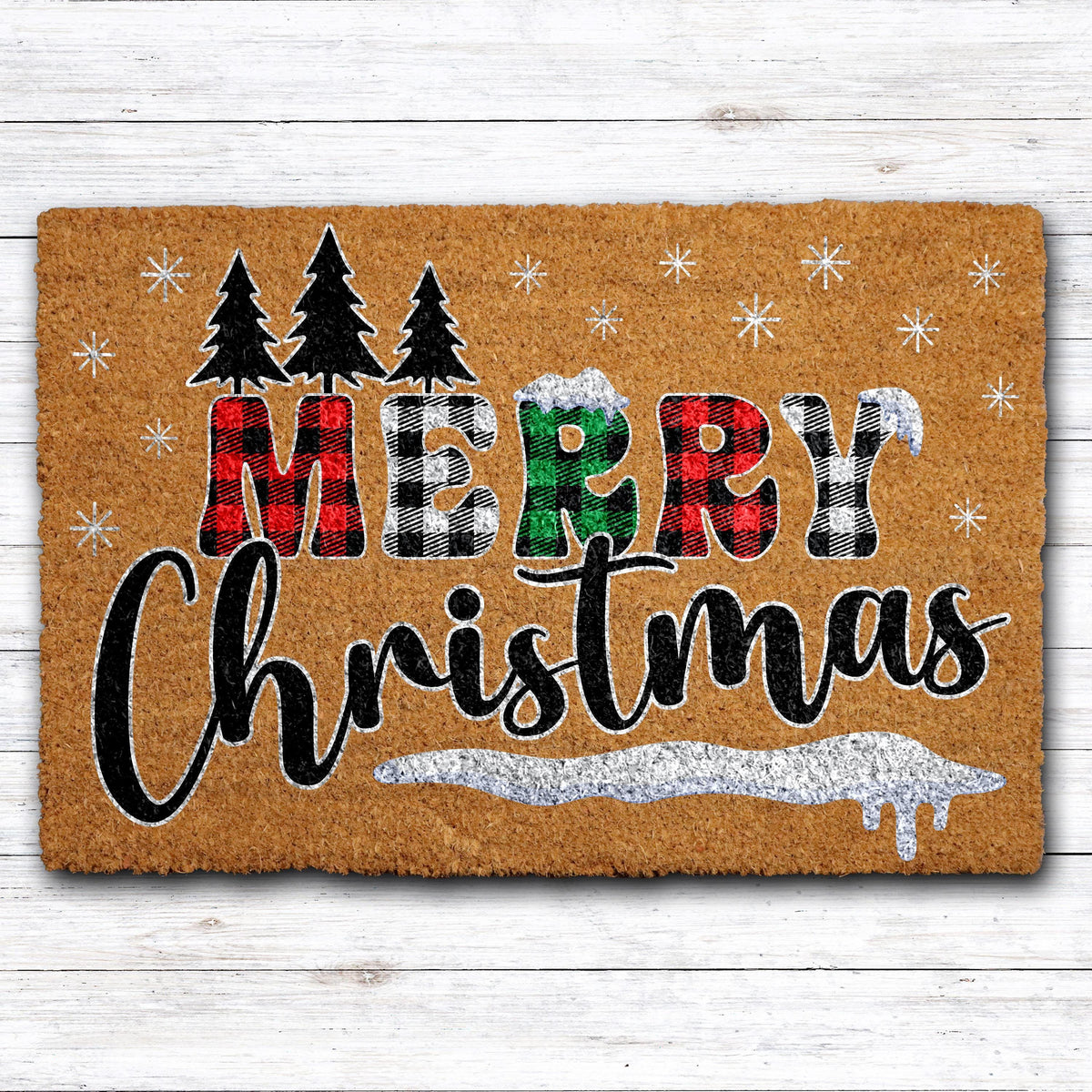 Buffalo Plaid Merry Christmas Doormat, Cute Winter Porch Decor, Holiday Welcome Mat