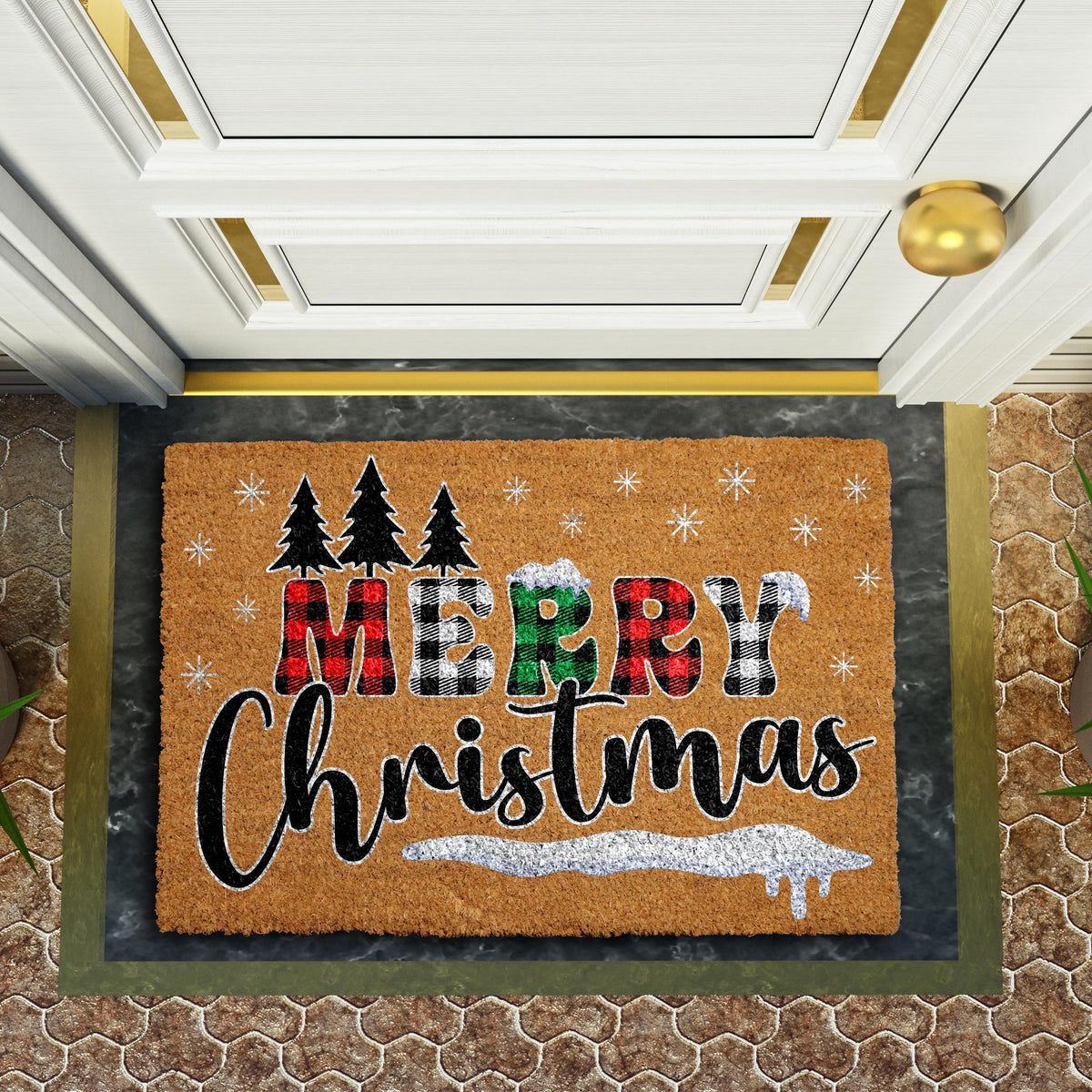 Buffalo Plaid Merry Christmas Doormat, Cute Winter Porch Decor, Holiday Welcome Mat