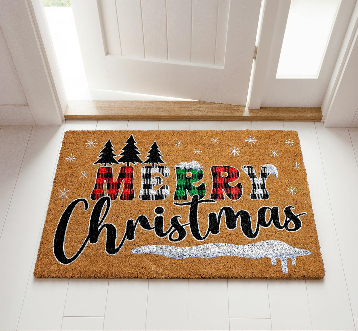Buffalo Plaid Merry Christmas Doormat, Cute Winter Porch Decor, Holiday Welcome Mat